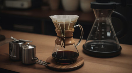 Coffee maker making drip coffee on wooden table in coffee shopの素材