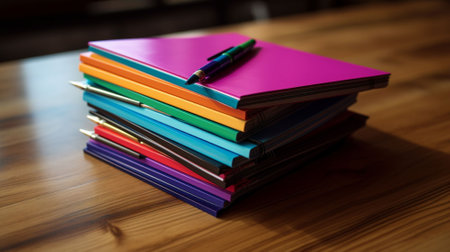 Stack of colorful notebooks with pen on wooden table. Educational concept.の素材