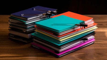Stack of colorful office folders on wooden table. Business concept. Selective focus.の素材