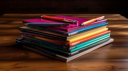 Stack of colorful office folders on wooden table. Back to school conceptの素材