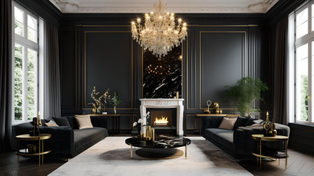 Modern bright interiors of room with black sofaの素材