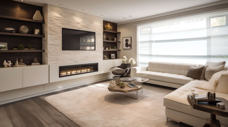 Modern living room interior with fireplace, sofa and coffee table. Nobody insideの素材