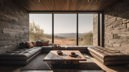 Interior of modern loft living room with panoramic view.の素材