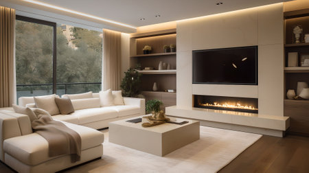 Modern living room interior with fireplace and sofas. Nobody insideの素材
