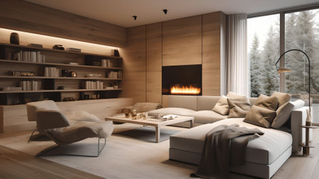 Interior of modern living room with fireplace.の素材