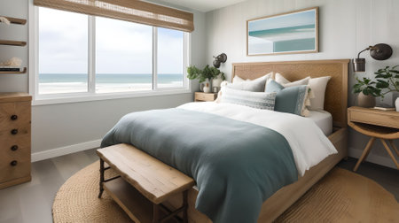 bedroom in a modern house with sea viewの素材