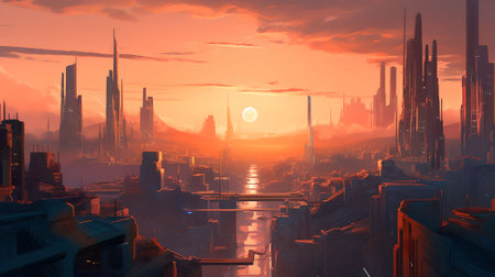 Fantasy cityscape at sunset. Computer digital drawing.の素材