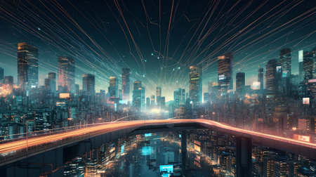 Highway overpass and cityscape at night.の素材