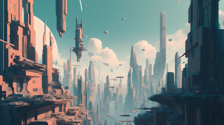 Futuristic city with skyscrapers and high-rise buildingsの素材