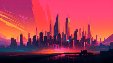 Futuristic city at sunset. Futuristic cityscape. Vector illustration.の素材