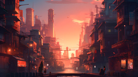 Foggy city street at sunsetの素材