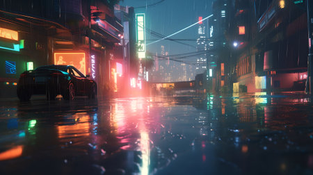 Night scene of a city street with cars and neon lights.の素材