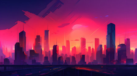 Futuristic city with high skyscrapers and highway at sunsetの素材