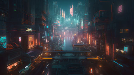 futuristic city with neon lights in the nightの素材
