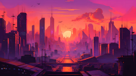 Futuristic city at sunset. Digital illustration.の素材