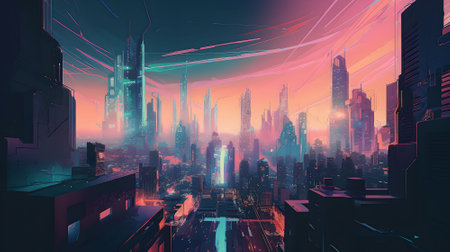 Futuristic city at night with neon lights.の素材