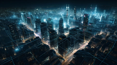 skyscrapers and buildings in the city at nightの素材
