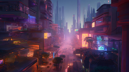 Futuristic city at night with neon lights.の素材
