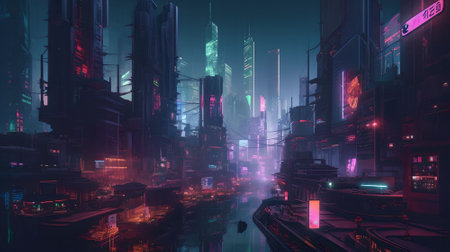 Futuristic city at night with neon lights.の素材