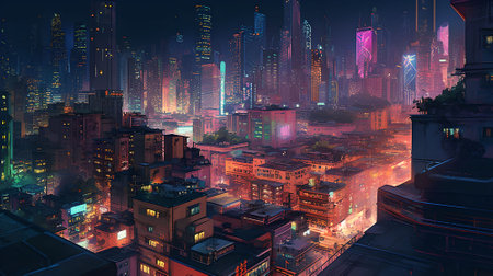 Foggy city at night. neon lightsの素材
