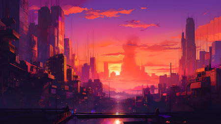 Fantasy cityscape with skyscrapers and river at sunset.の素材