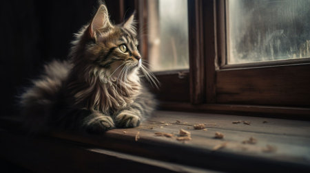 Siberian cat sitting on the windowsill and looking out the windowの素材