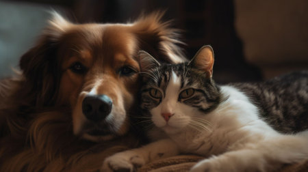 Cute dog and cat lying together on the sofa at home.の素材
