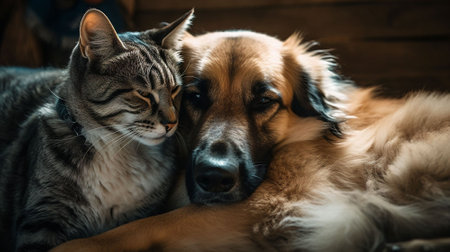 Cat and dog sleeping together on a wooden background. Selective focus.の素材