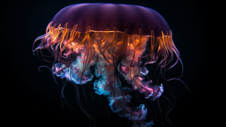 Jellyfish in water. Colorful jellyfish on dark backgroundの素材
