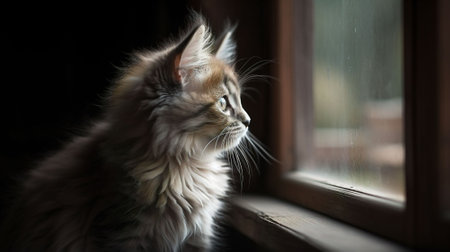Siberian cat sitting on the windowsill and looking out the windowの素材