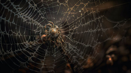 Spider on the web in the forest at night. Macro photography.の素材