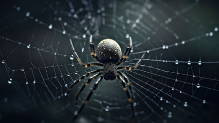 Spider on the web with two drops. 3d illustration.の素材
