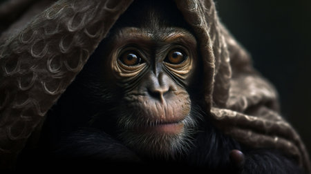 Chimpanzee in a hoodie, close-up portraitの素材