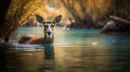 Close up of a whitetail deer swimming in a lake.の素材