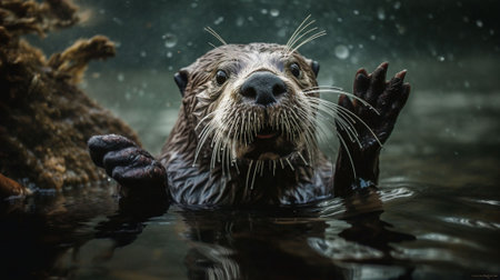 Portrait of an Asian small-clawed otter swimming in the waterの素材