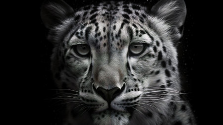 snow leopard portrait isolated on black background, panthera unciaの素材