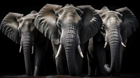 Elephants in the savanna of Africa. Black background.の素材