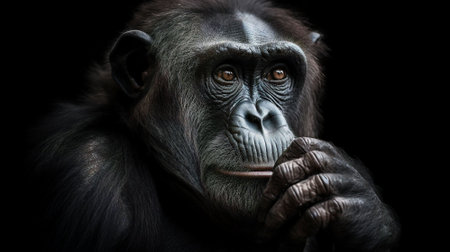 Portrait of a young gorilla on a black background. Studio shot.の素材