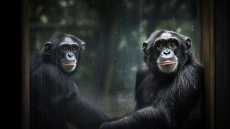 Two monkeys looking out of the window in the rain. Monkeys in the zoo.の素材