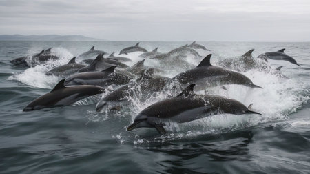 Dolphins jumping out of the water in the Atlantic Ocean, Namibiaの素材
