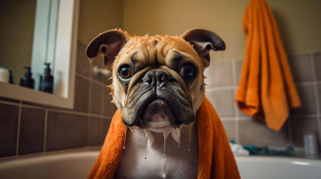 Cute dog with a towel on his head taking a bath.の素材