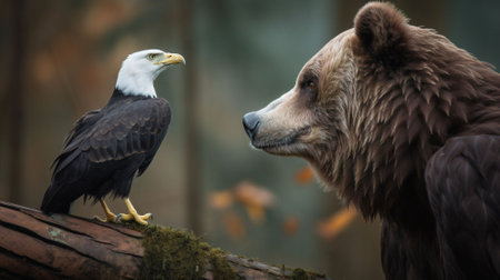 Close up of a bald eagle and a brown bear in a zooの素材