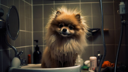 Pomeranian dog taking a shower in the bathroom. Selective focus.の素材