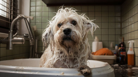 Wet dog taking a bath in the bathroom. Shallow depth of fieldの素材