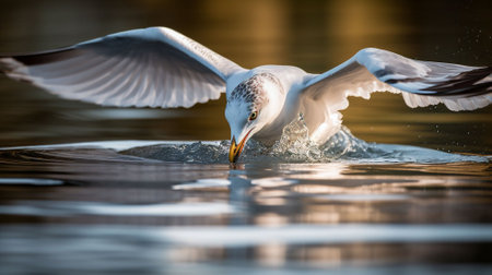 Seagull catching fish in the lake, closeup of photoの素材