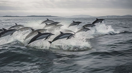Dolphins jumping out of the water in the Atlantic Ocean. Toned.の素材