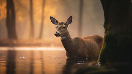 Young red deer in the misty forest at sunrise. Wildlife scene from nature.の素材
