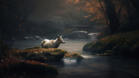 Cute fox on the bank of a mountain river in autumn.の素材