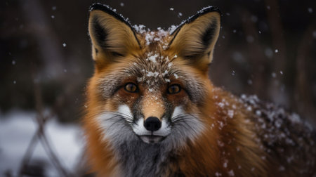 Red fox in the snow. Close-up portrait of a wild animal.の素材