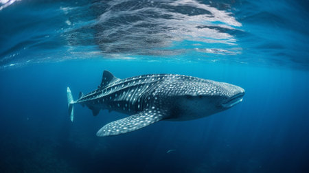 Whale shark swimming underwater in blue ocean. Wildlife scene from nature.の素材